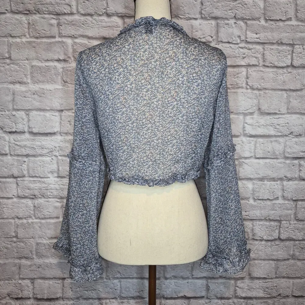 Princess Polly Blue Floral Caylan Tie Front Ruffle Crop Blouse Top Cottagecore 6